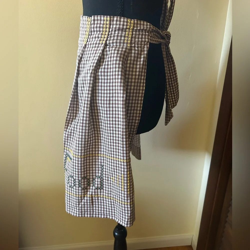 Hand Crafted Brown and White Gingham Kitchen Half Apron with Yellow Accent